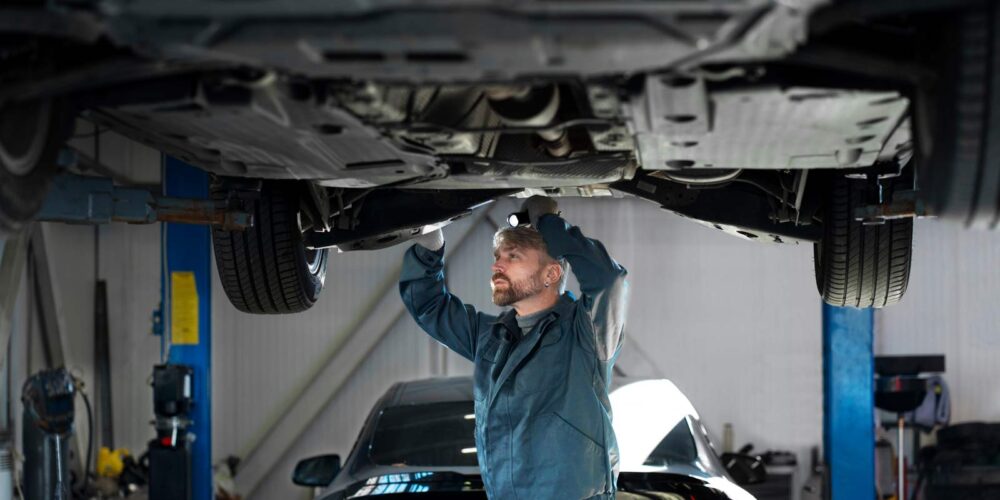 tecnico revisando bajos del vehiculo